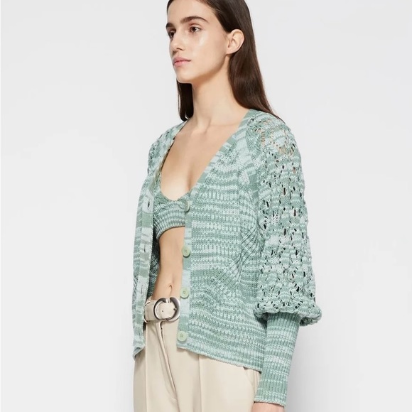 Jonathan Simkhai Adeline Crochet Sleeve V-Neck Cardigan Grandpa Sweater - Picture 2 of 9